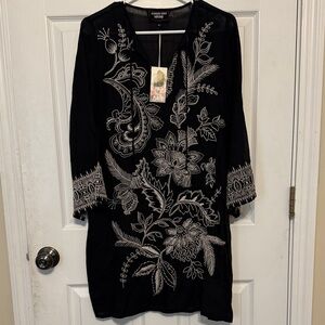 Johnny Was Black Tunic with White Embroidery